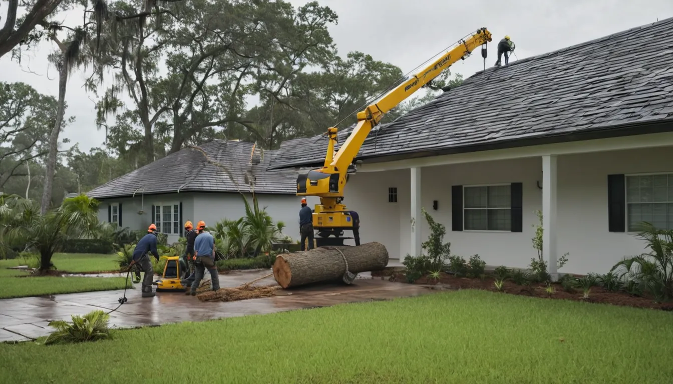 Local tree removal crew safely lifting a fallen tree off a house roof near Largo