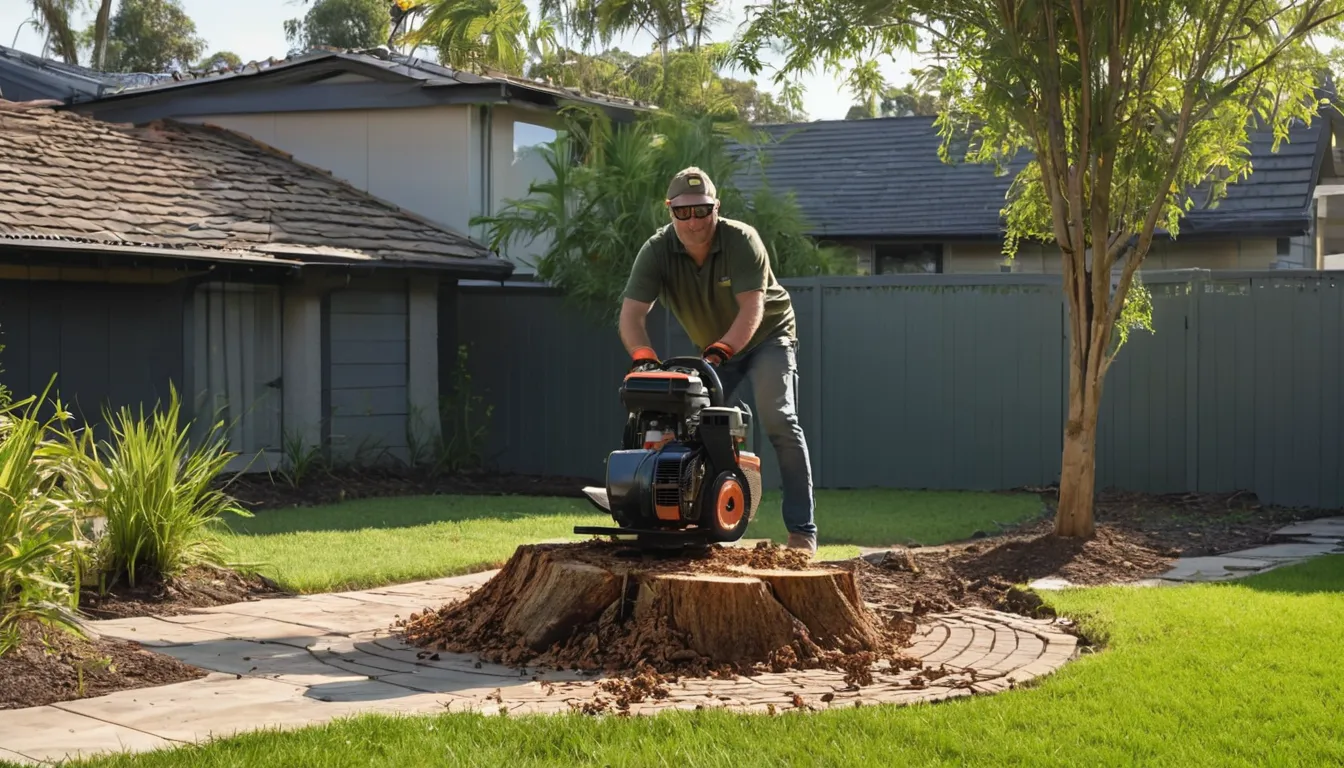 Stump grinder working on an old tree stump in a backyard near Largo