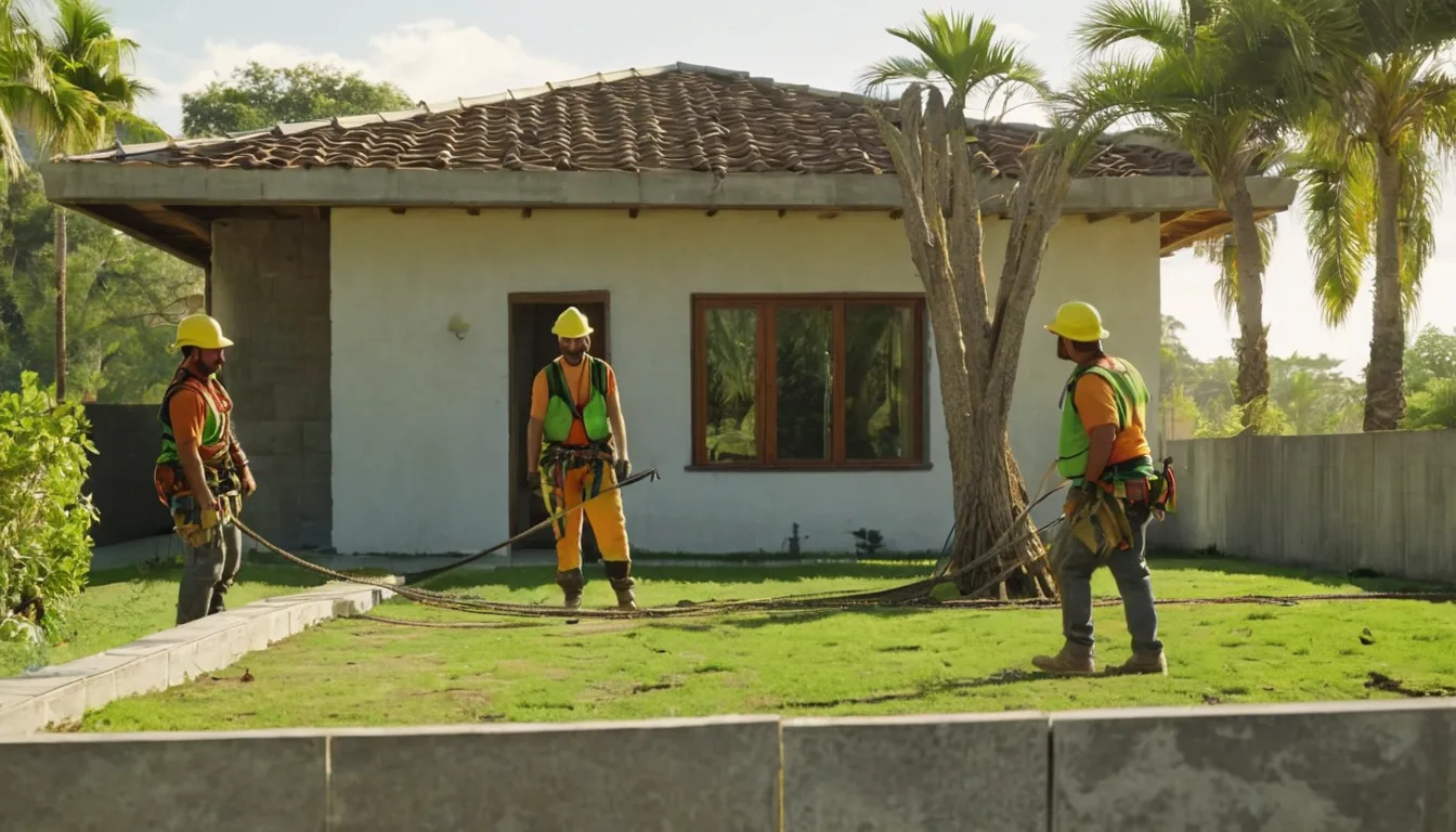 A provider's crew safely taking down a large tree beside a concrete block home in Largo